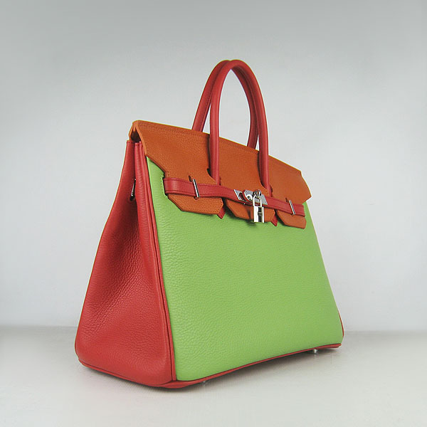 High Quality Fake Hermes 35CM Embossed Veins Leather Bag Red/Orange/Green 6089 - Click Image to Close